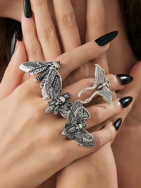 Anthropologie Silver-Tone Moth & Dragonfly Multi-Finger Ring Set